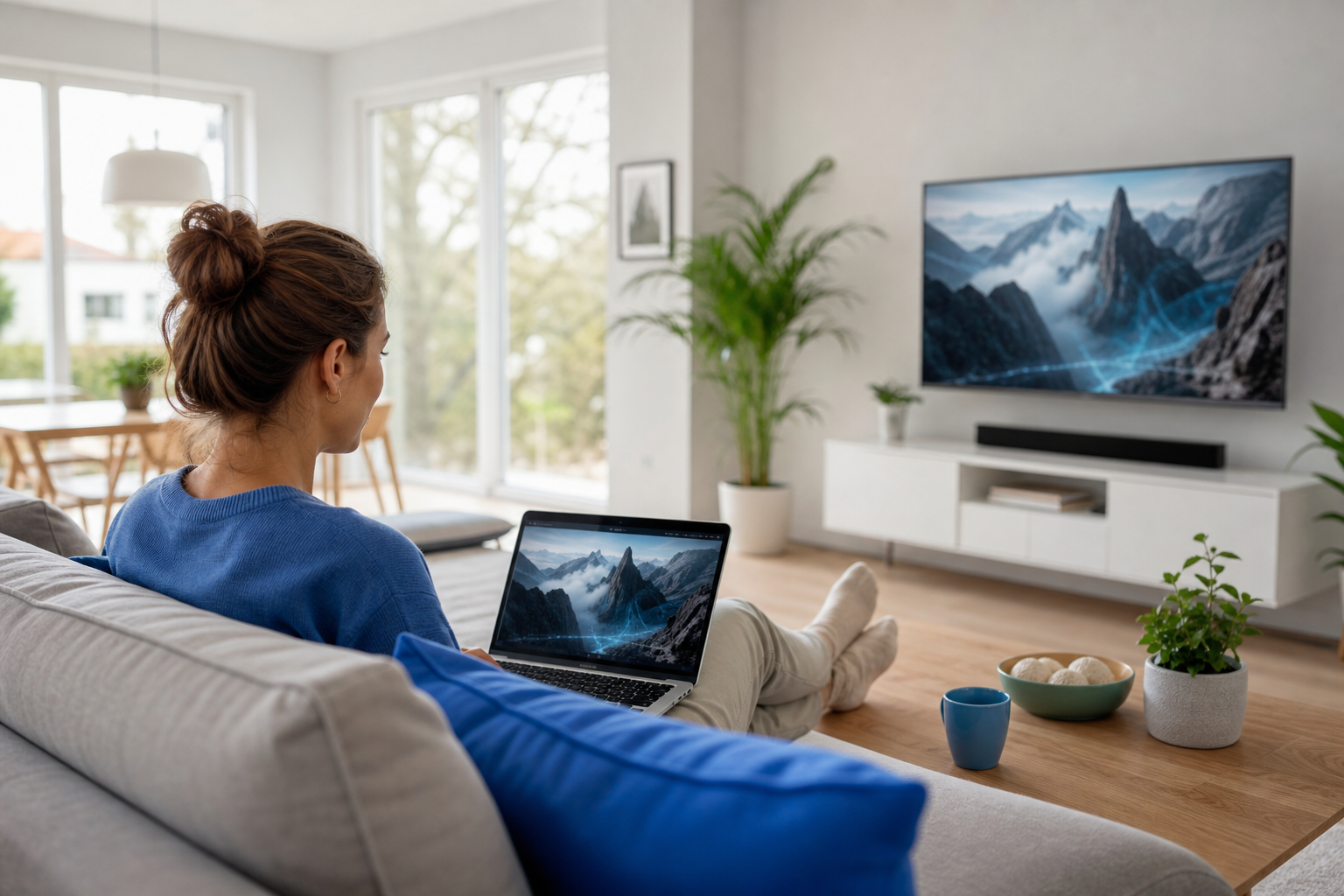 Frau entspannt zu Hause auf dem Sofa mit Laptop, im Hintergrund läuft Streaming auf dem Fernseher